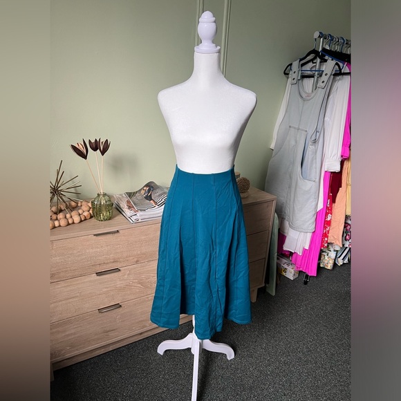 Torquoise Blue Green Midi Knee-Length Panel Pleated Stretch Full Circle Skirt M - Picture 4 of 15